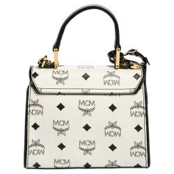 Pre Owned MCM White Visetos Coated Canvas and Leather Heritage Top Handle Bag