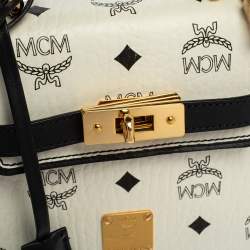 Pre Owned MCM White Visetos Coated Canvas and Leather Heritage Top Handle Bag