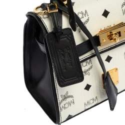 Pre Owned MCM White Visetos Coated Canvas and Leather Heritage Top Handle Bag