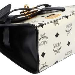 Pre Owned MCM White Visetos Coated Canvas and Leather Heritage Top Handle Bag
