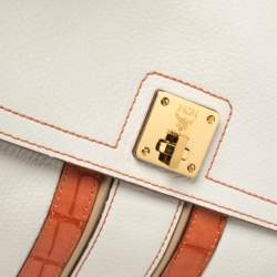 Pre Owned MCM White/Orange Leather and Croc Embossed Leather Flap Top Handle Bag