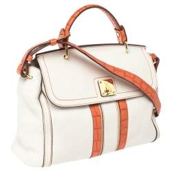 Pre Owned MCM White/Orange Leather and Croc Embossed Leather Flap Top Handle Bag