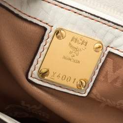 Pre Owned MCM White/Orange Leather and Croc Embossed Leather Flap Top Handle Bag