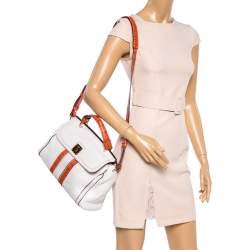 Pre Owned MCM White/Orange Leather and Croc Embossed Leather Flap Top Handle Bag
