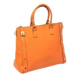 MCM Orange Textured Leather Large Tote