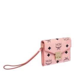 Pre Owned MCM Cognac Pink Visetos Coated Canvas Flap Wristlet Wallet