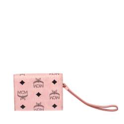 Pre Owned MCM Cognac Pink Visetos Coated Canvas Flap Wristlet Wallet