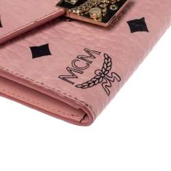 Pre Owned MCM Cognac Pink Visetos Coated Canvas Flap Wristlet Wallet