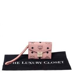 Pre Owned MCM Cognac Pink Visetos Coated Canvas Flap Wristlet Wallet