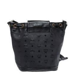 MCM Black Signature Nylon and Leather Drawstring Flap Bucket Bag