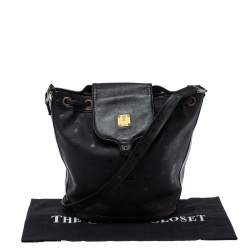 MCM Black Signature Nylon and Leather Drawstring Flap Bucket Bag