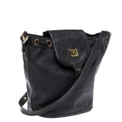 MCM Black Signature Nylon and Leather Drawstring Flap Bucket Bag