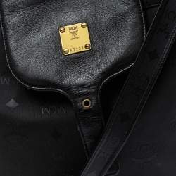 MCM Black Signature Nylon and Leather Drawstring Flap Bucket Bag
