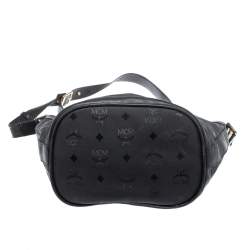 MCM Black Signature Nylon and Leather Drawstring Flap Bucket Bag