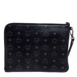 MCM Black Visetos Coated Canvas Studded Wristlet Clutch