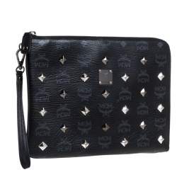 MCM Black Visetos Coated Canvas Studded Wristlet Clutch