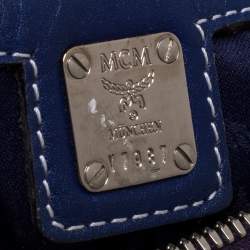 Pre Owned MCM White/Blue Visetos Princess Lion Coated Canvas and Leather Boston Bag