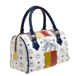 Pre Owned MCM White/Blue Visetos Princess Lion Coated Canvas and Leather Boston Bag