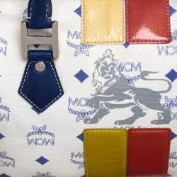 Pre Owned MCM White/Blue Visetos Princess Lion Coated Canvas and Leather Boston Bag