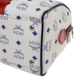 Pre Owned MCM White/Blue Visetos Princess Lion Coated Canvas and Leather Boston Bag