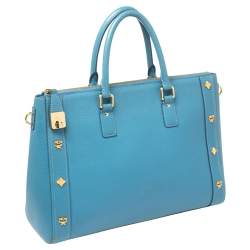 Pre Owned MCM Blue Leather Studded Zip Tote