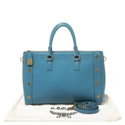 Pre Owned MCM Blue Leather Studded Zip Tote