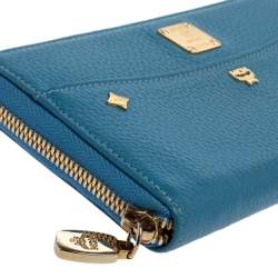 Pre Owned MCM Cornflower Blue Leather Zip Around Continental Wallet