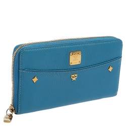 Pre Owned MCM Cornflower Blue Leather Zip Around Continental Wallet