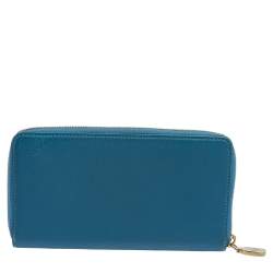 Pre Owned MCM Cornflower Blue Leather Zip Around Continental Wallet