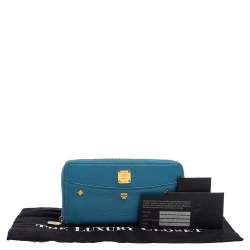 Pre Owned MCM Cornflower Blue Leather Zip Around Continental Wallet