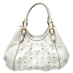 MCM White Visetos Coated Canvas and Leather Shoulder Bag