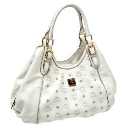 MCM White Visetos Coated Canvas and Leather Shoulder Bag