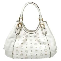 MCM White Visetos Coated Canvas and Leather Shoulder Bag