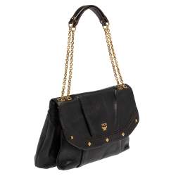 Pre Owned MCM Black Leather Studded Flap Shoulder Bag
