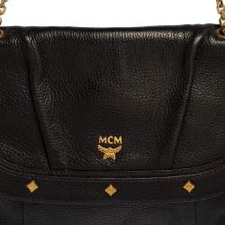 Pre Owned MCM Black Leather Studded Flap Shoulder Bag