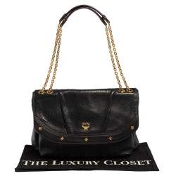 Pre Owned MCM Black Leather Studded Flap Shoulder Bag