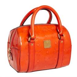 Pre Owned MCM Orange Heritage Patent Leather Small Boston Bag