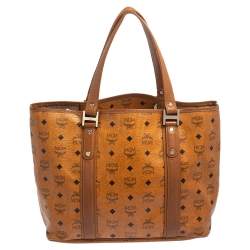 Pre Owned MCM Cognac Visetos Coated Canvas and Leather Shopper Tote