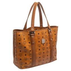 Pre Owned MCM Cognac Visetos Coated Canvas and Leather Shopper Tote