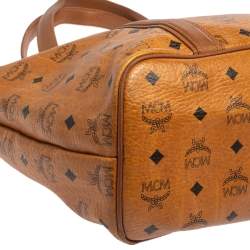 Pre Owned MCM Cognac Visetos Coated Canvas and Leather Shopper Tote