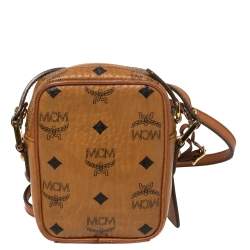 Pre Owned MCM Cognac Visetos Coated Canvas Small Crossbody Bag