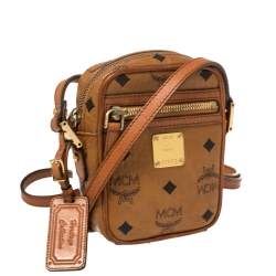 Pre Owned MCM Cognac Visetos Coated Canvas Small Crossbody Bag