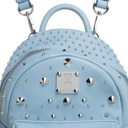 Pre Owned MCM Sky Blue Studded Leather Mini Stark Bebe Boo Backpack
