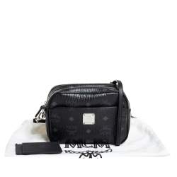 Pre Owned MCM Black Visetos Coated Canvas Double Zip Camera Crossbody Bag
