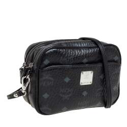 Pre Owned MCM Black Visetos Coated Canvas Double Zip Camera Crossbody Bag