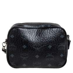 Pre Owned MCM Black Visetos Coated Canvas Double Zip Camera Crossbody Bag