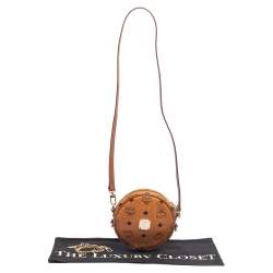 Pre Owned MCM Cognac Visetos Coated Canvas Heritage Tambourine Shoulder Bag