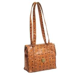 Pre Owned MCM Cognac Visetos Coated Canvas Heritage Top Zip Tote
