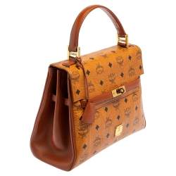 MCM Cognac Visetos Coated Canvas and Leather Heritage Top Handle Bag