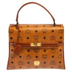 MCM Cognac Visetos Coated Canvas and Leather Heritage Top Handle Bag